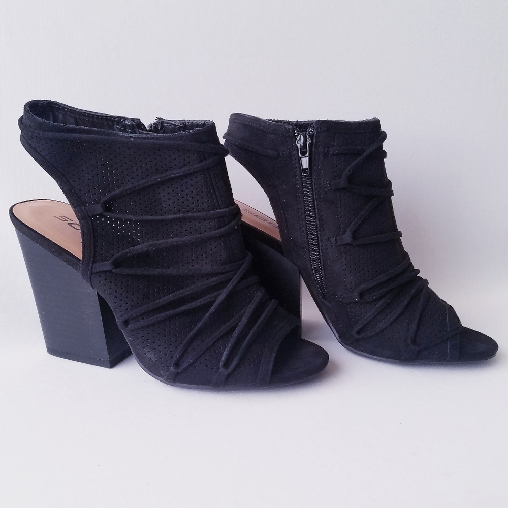 Soda Black Faux Suede Peep Toe Ankle Booties